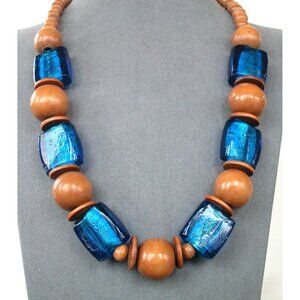 Wood & Blue Glass Bead Necklace 18" / Lobster Clasp